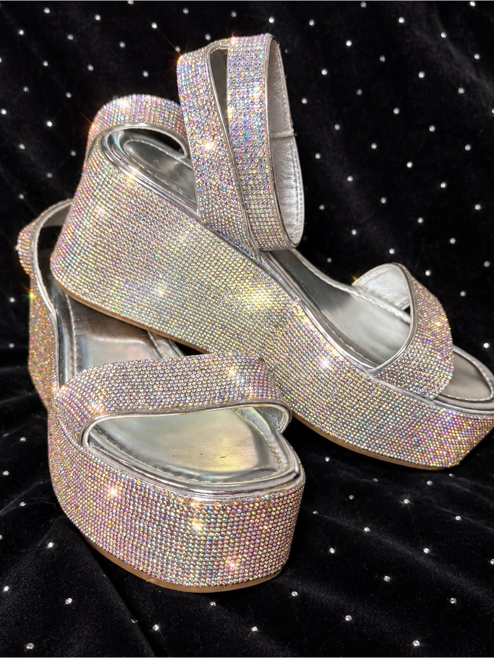 Azalea Wang Crystal AB Embellished Silver Platform Sandals